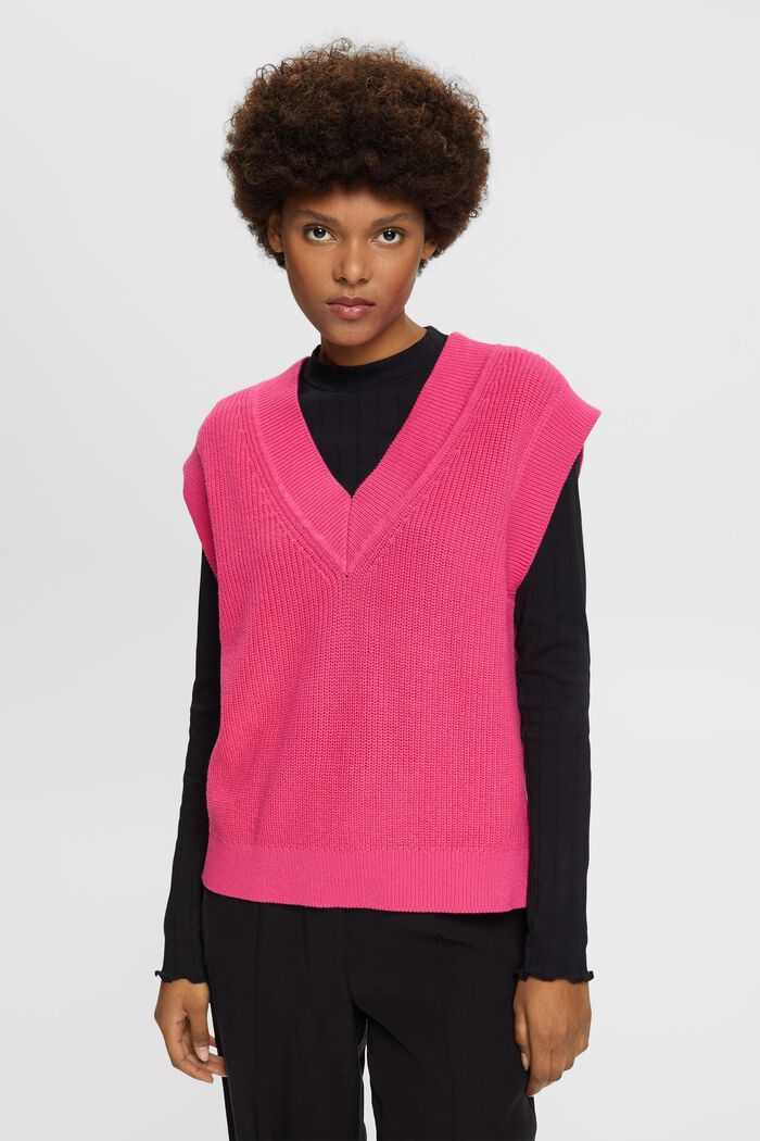Sweter bez rękawów z dekoltem w serek, PINK FUCHSIA, detail image number 0