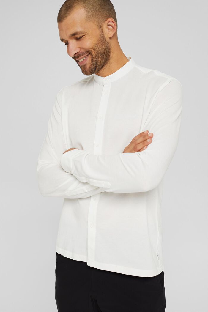 Bluzka z długim rękawem z piki, merceryzowana bawełna ekologiczna, OFF WHITE, detail image number 0