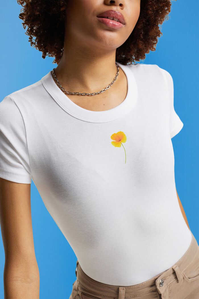 T-shirt z kwiatowym nadrukiem na piersi, WHITE, detail image number 2