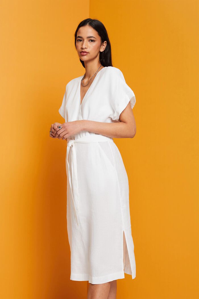 Kopertowa sukienka, 100% lnu, WHITE, detail image number 0
