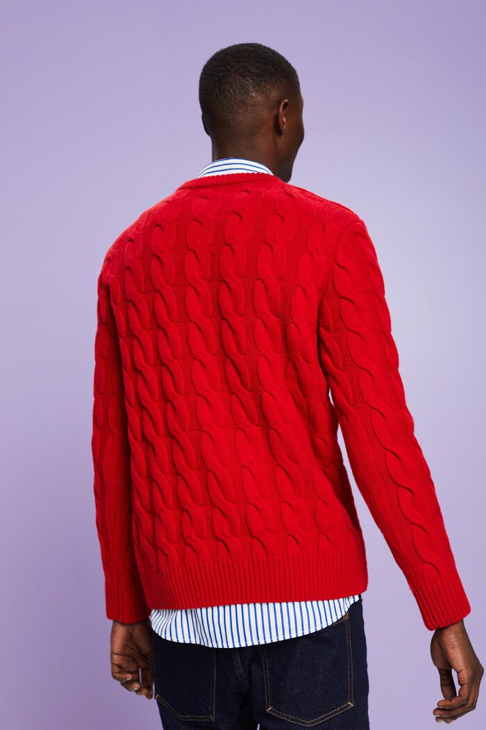 Wełniany sweter z dzianiny w warkocze, DARK RED, detail image number 4