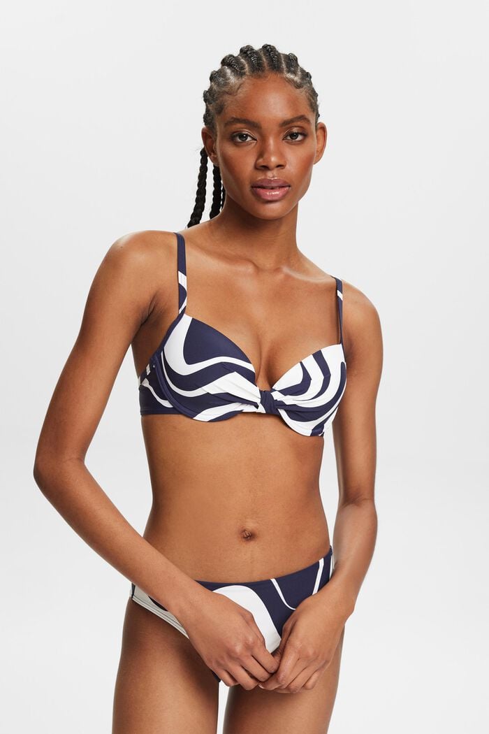 Wyściełany top bikini z fiszbinami i nadrukiem, NAVY, detail image number 0