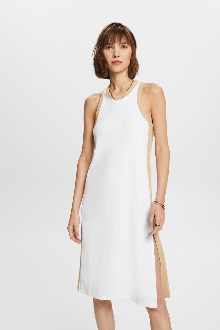 Sukienka midi z prążkowanego dżerseju, elastyczna bawełna, WHITE, detail image number 0