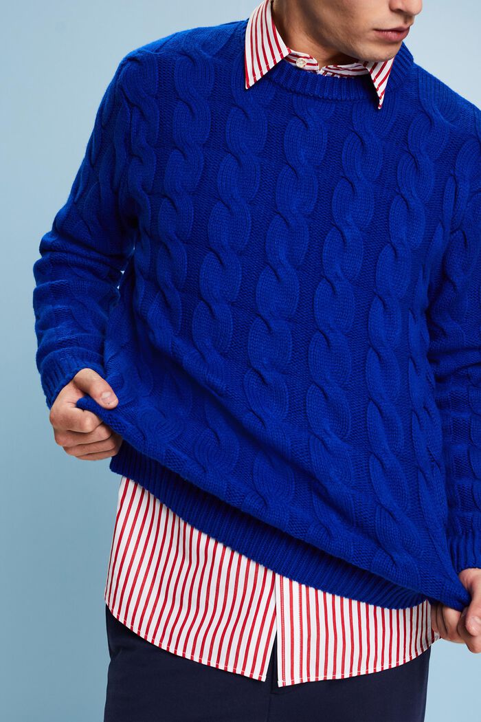 Wełniany sweter z dzianiny w warkocze, DARK BLUE, detail image number 3