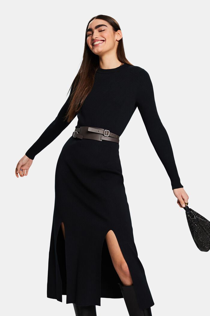 Sukienka midi z prążkowanej dzianiny, BLACK, detail image number 0