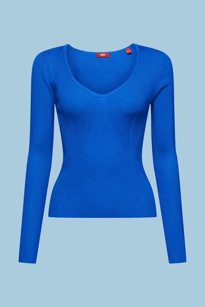Sweter z dekoltem w serek z prążkowanej dzianiny, BRIGHT BLUE, detail image number 6