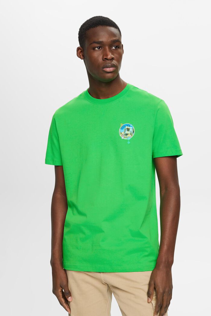 Bawełniany T-shirt z małym nadrukiem na piersi, GREEN, detail image number 0
