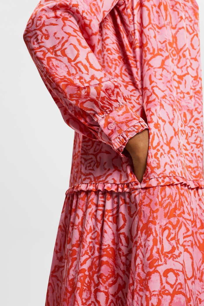 Wzorzysta, satynowa sukienka midi z falbankami, PINK, detail image number 2
