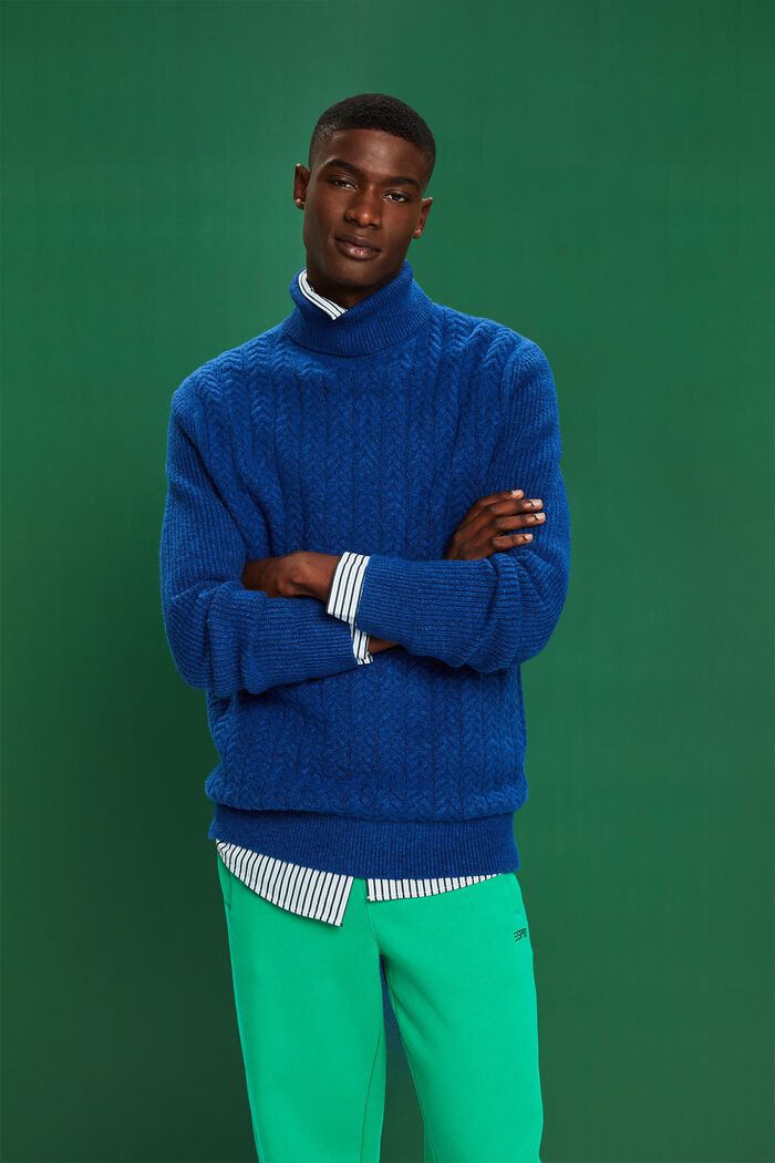Sweter z golfem z dzianiny w warkocze, BRIGHT BLUE, detail image number 1
