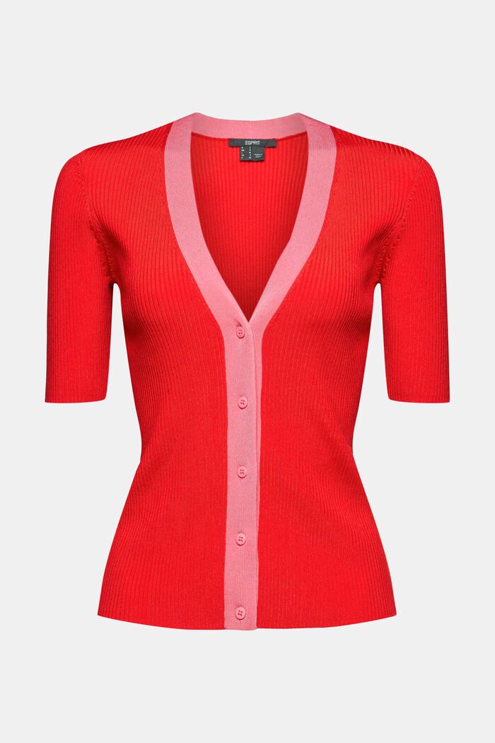 Prążkowany kardigan z rękawami w stylu koszulki, RED, overview