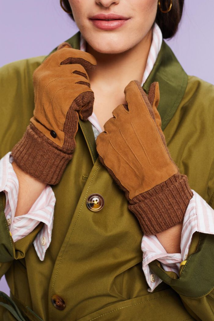 Rękawiczki z zamszu i dzianiny, CARAMEL, detail image number 2