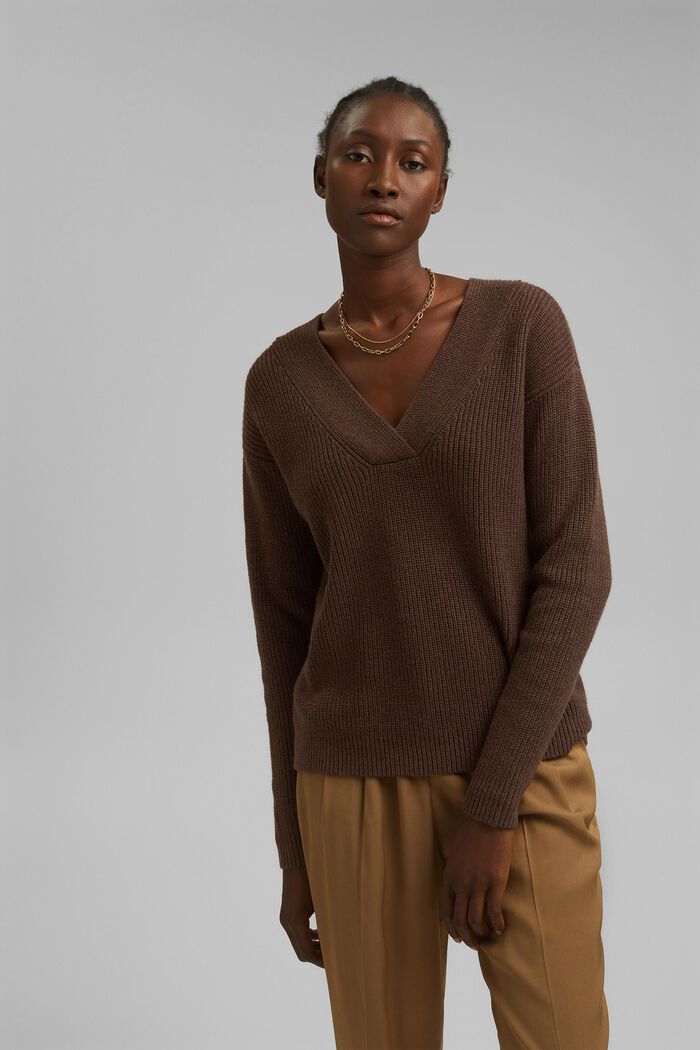 Z wełną/kaszmirem: sweter z bawełny ekologicznej, DARK BROWN, detail image number 0