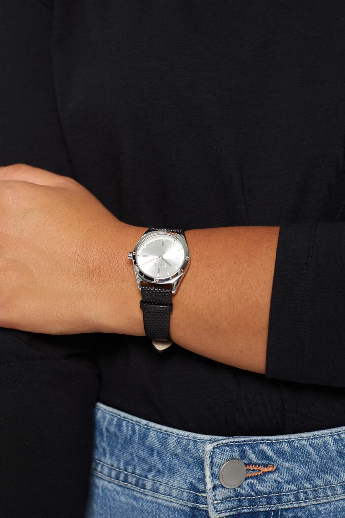 Zegarek ze stali szlachetnej z fakturalnym skórzanym paskiem, BLACK, detail image number 2