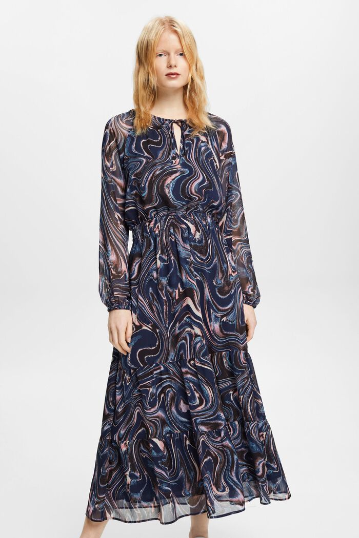 Sukienka maxi z marszczonego szyfonu z rękawami z falbanami, NAVY, detail image number 0