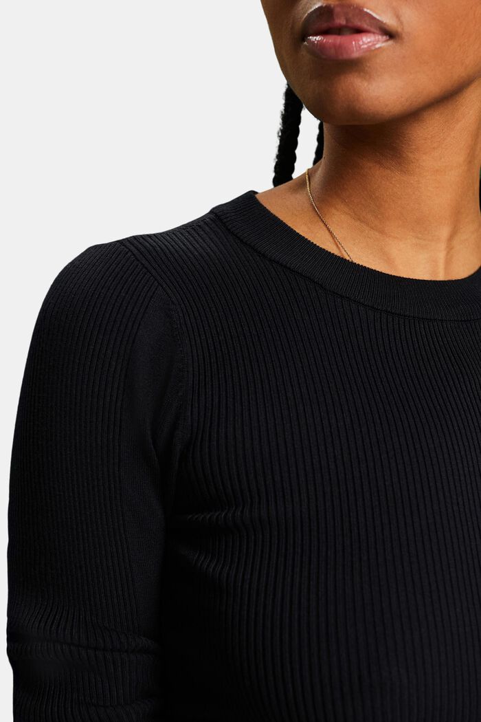 Sweter z prążkowanej dzianiny z okrągłym dekoltem, BLACK, detail image number 3