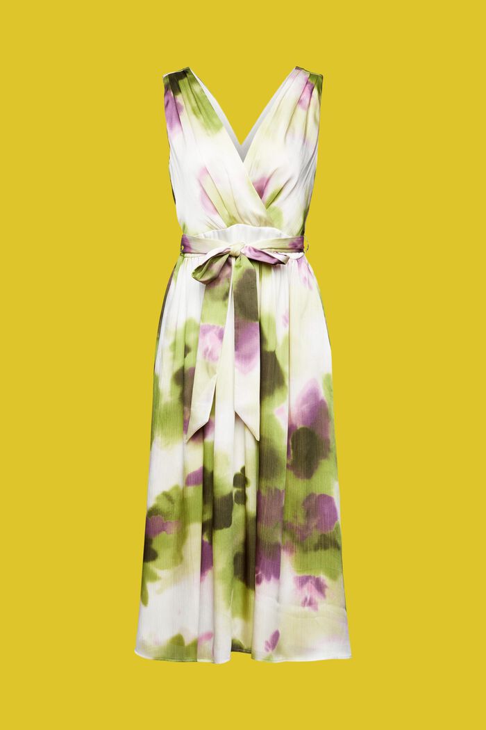 Sukienka midi z marszczonej satyny z kwiecistym nadrukiem, LEAF GREEN, detail image number 6