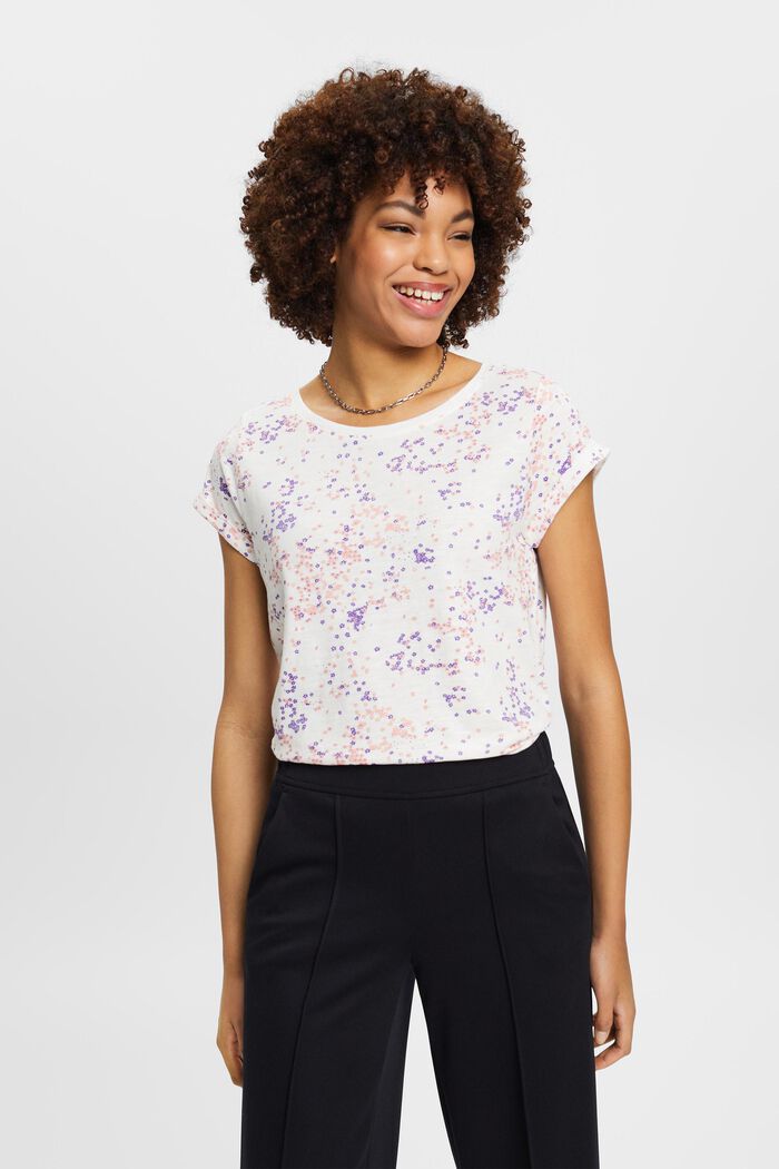 Bawełniany T-shirt z kwiatowym nadrukiem, OFF WHITE, detail image number 0