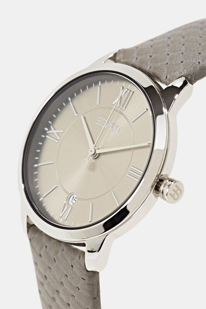Zegarek ze stali szlachetnej z fakturowanym skórzanym paskiem, GREY, detail image number 1