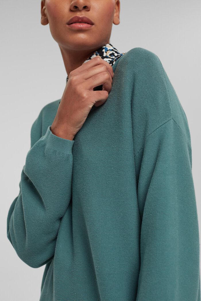 Dzianinowy sweter, 100% bawełny ekologicznej, TEAL BLUE, detail image number 0