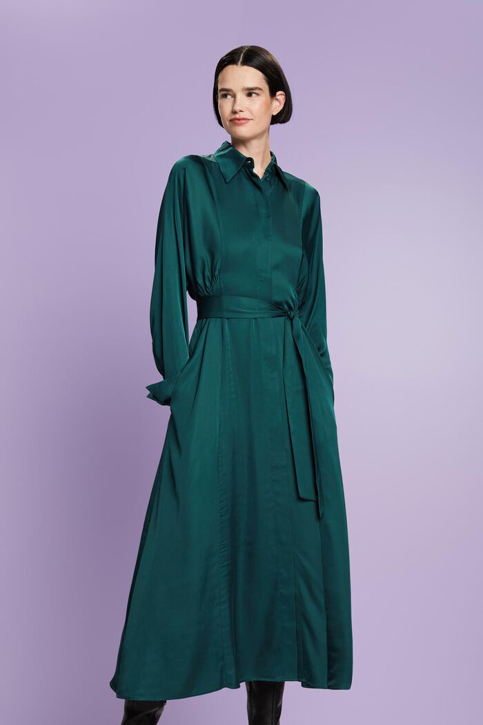 Satynowa sukienka z paskiem, EMERALD GREEN, detail image number 2