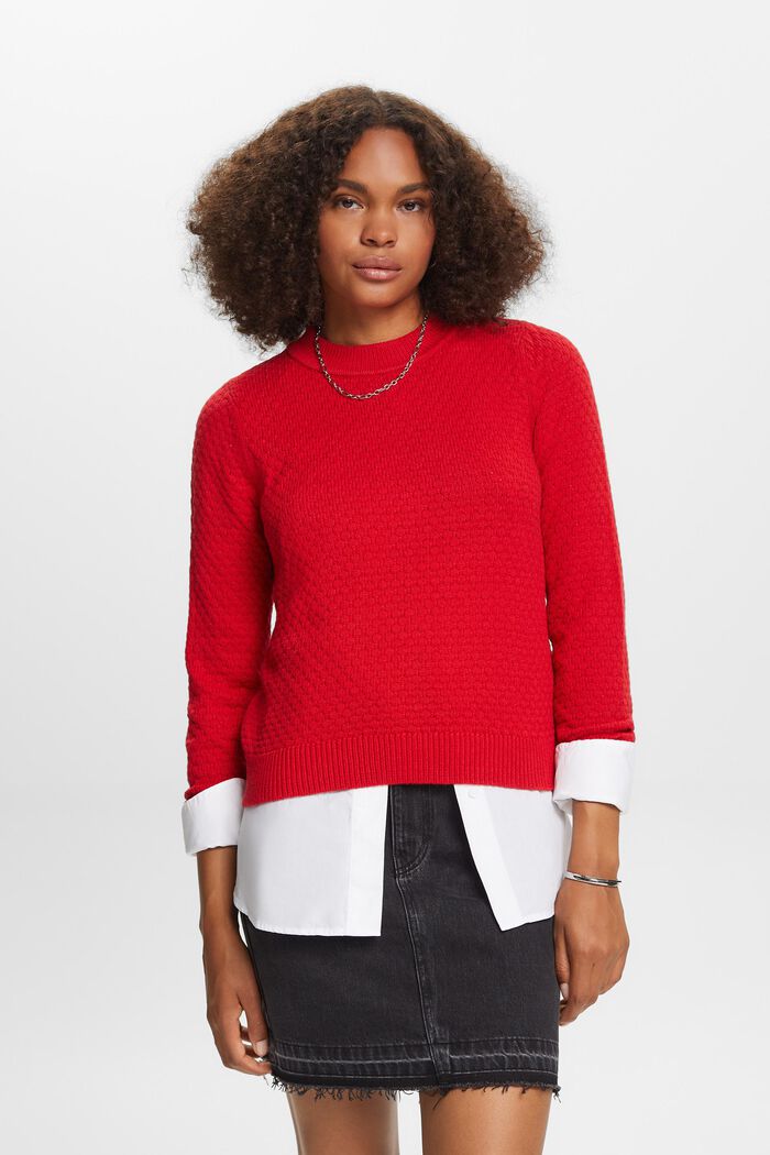 Fakturowany sweter z dzianiny, mieszanka z bawełną, DARK RED, detail image number 0