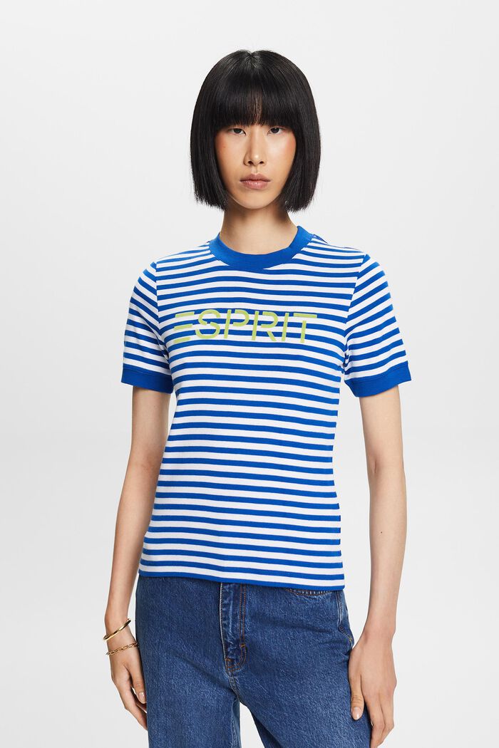 T-shirt bawełniany w paski z nadrukowanym logo, BRIGHT BLUE, detail image number 0