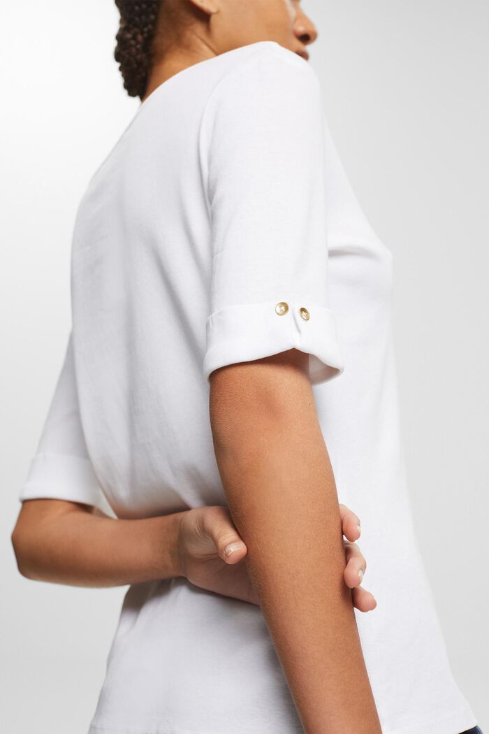 Bawełniany T-shirt z podwiniętymi rękawami, WHITE, detail image number 0