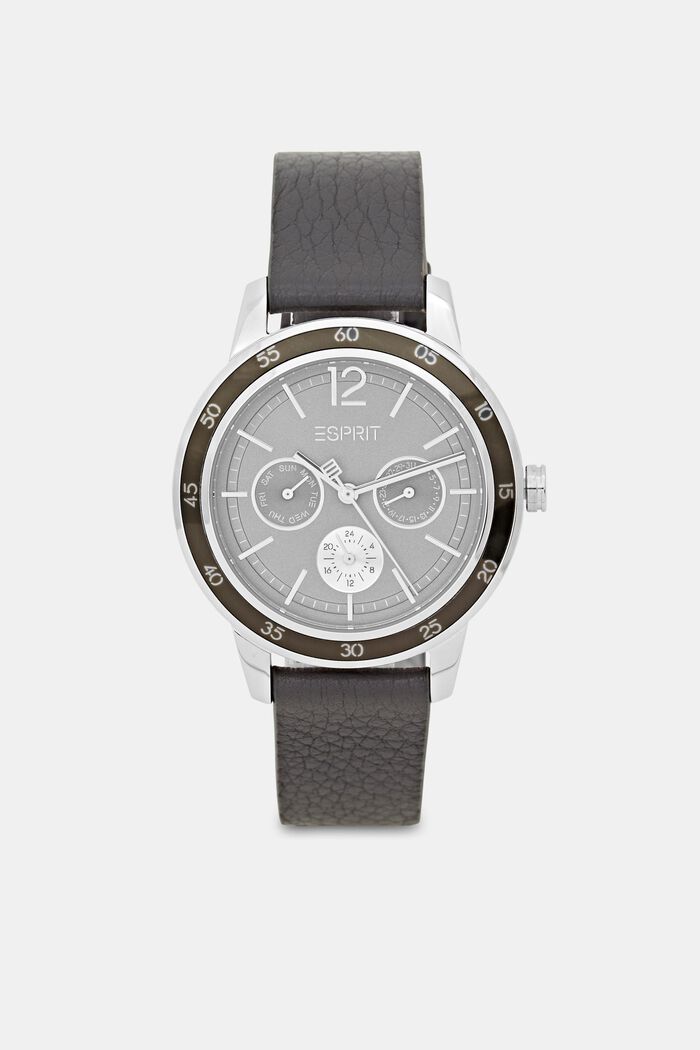 Wielofunkcyjny zegarek ze skórzaną bransoletką, DARK GREY, overview