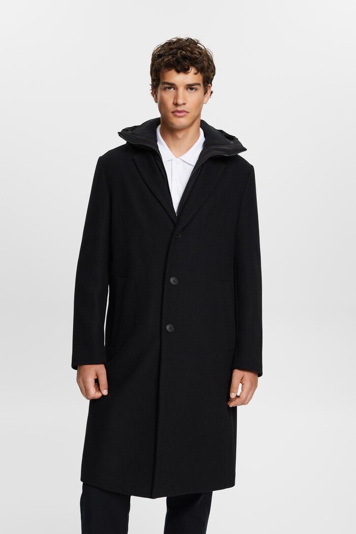 Płaszcz z mieszanki wełnianej z odpinanym kapturem, BLACK, detail image number 0