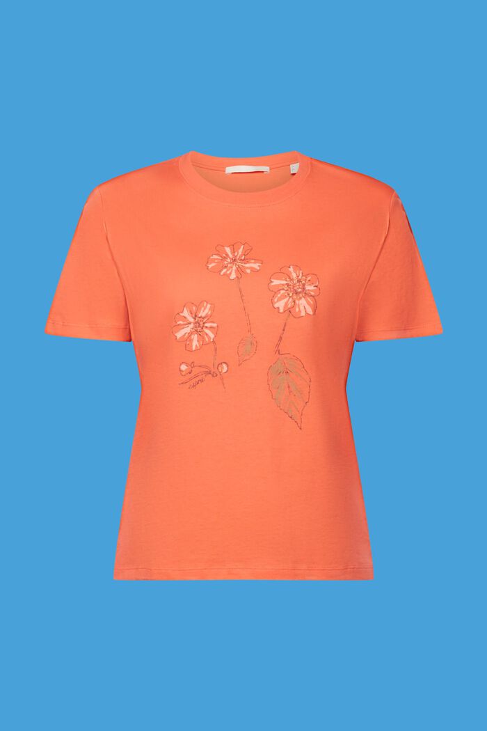 Bawełniany T-shirt z kwiatowym nadrukiem, CORAL ORANGE, detail image number 6