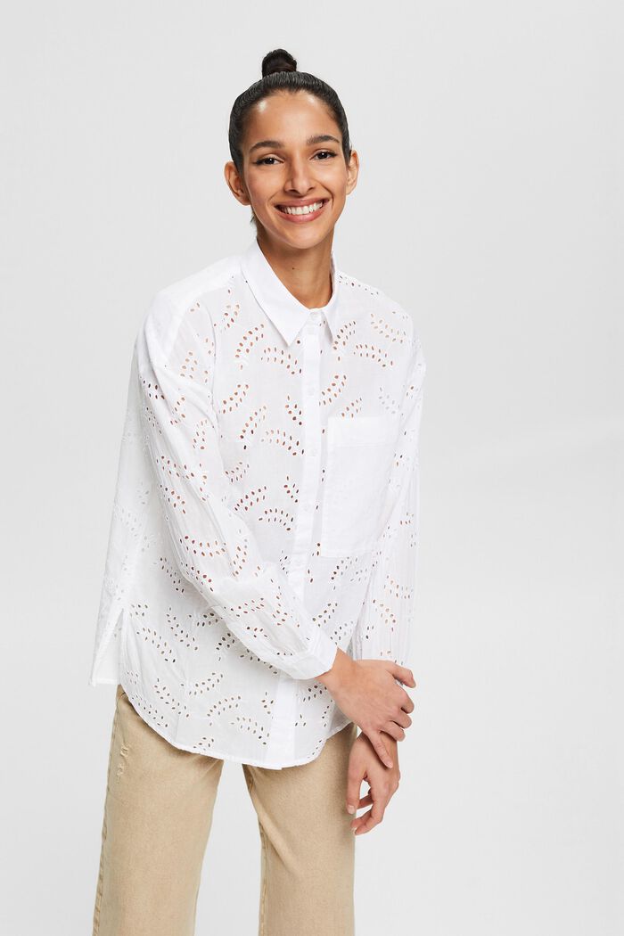 Bluzka koszulowa z ażurową koronką, WHITE, overview
