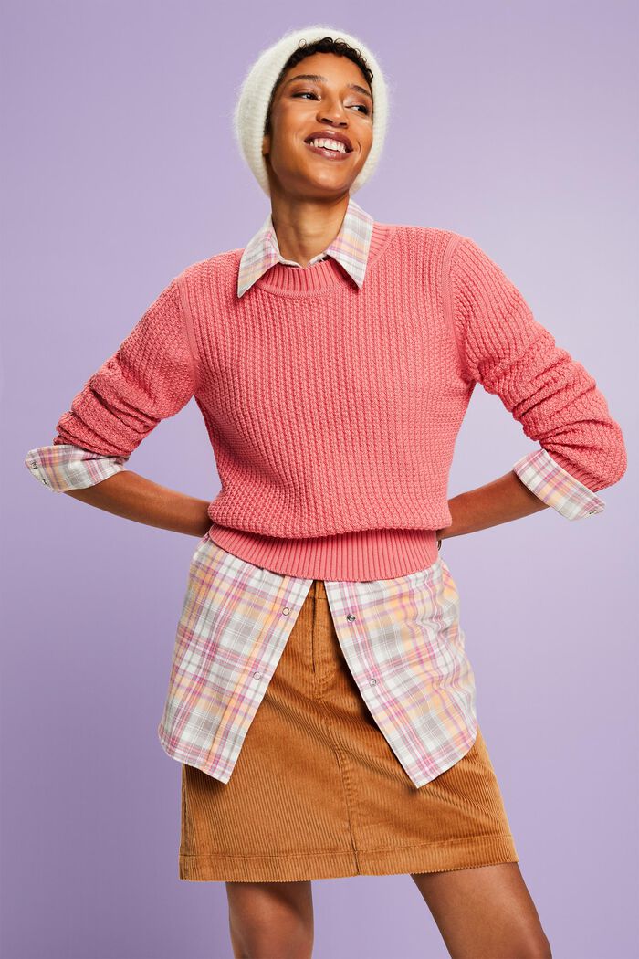 Sweter z okrągłym dekoltem z fakturowanej dzianiny, PINK, detail image number 0