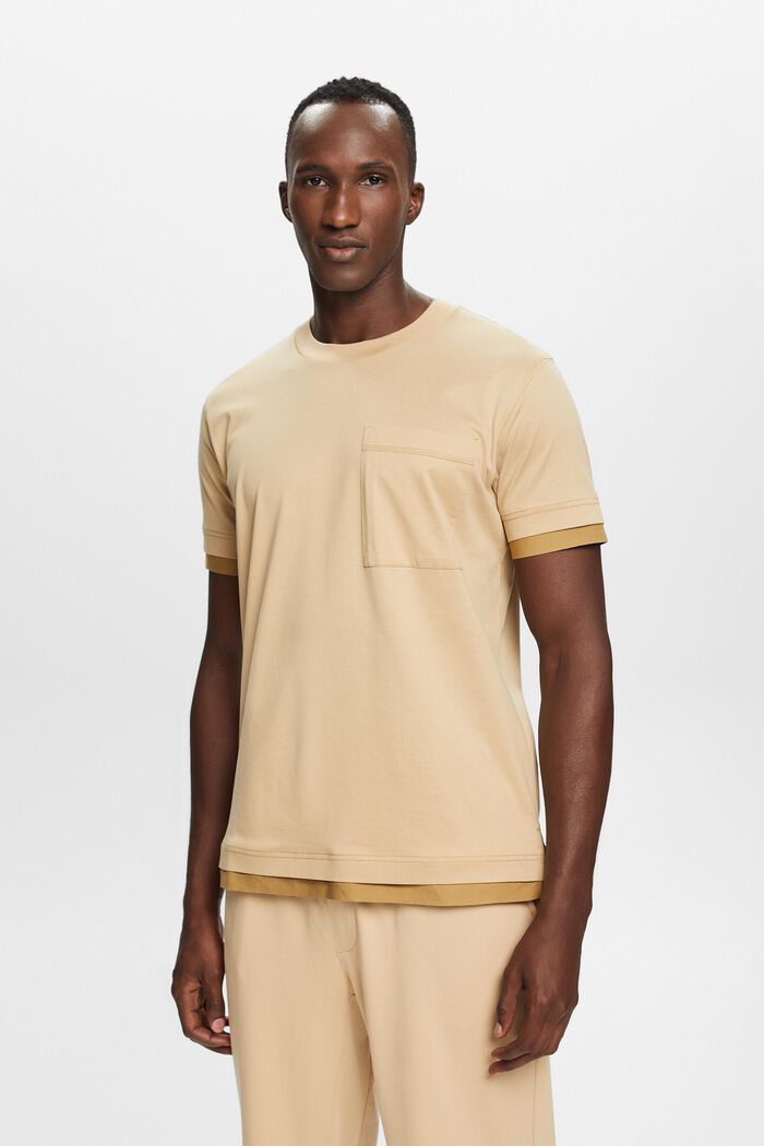 T-shirt z okrągłym dekoltem w warstwowym stylu, 100% bawełna, SAND, detail image number 0