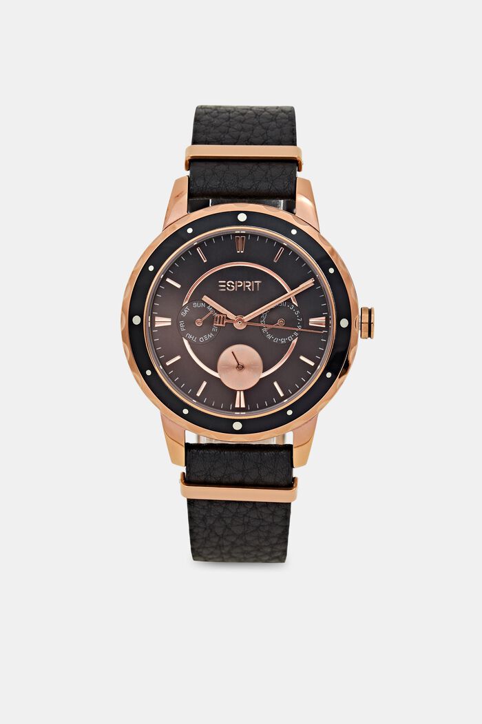 Zegarek wielofunkcyjny ze skórzaną bransoletą, BLACK, detail image number 0