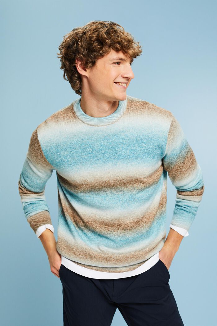 Cieniowany sweter w paski z okrągłym dekoltem, DARK TURQUOISE, detail image number 0
