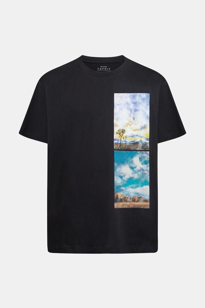 T-shirt z rozmieszczonymi pionowo nadrukami z krajobrazem, BLACK, detail image number 5
