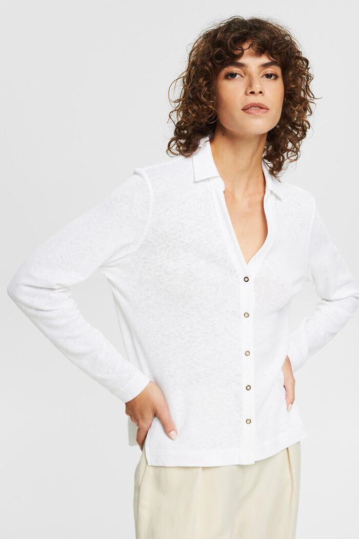Z mieszanki lnianej: bluzka z długim rękawem z listwą guzikową, WHITE, detail image number 0