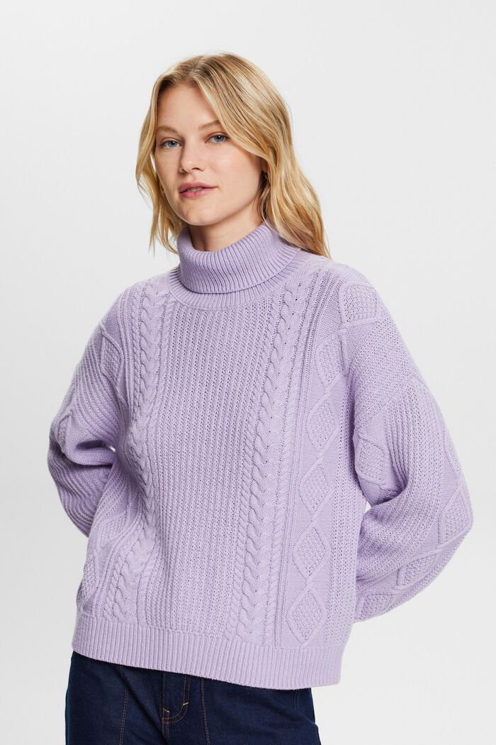 Sweter z półgolfem i wzorem w warkocze, LAVENDER, detail image number 0