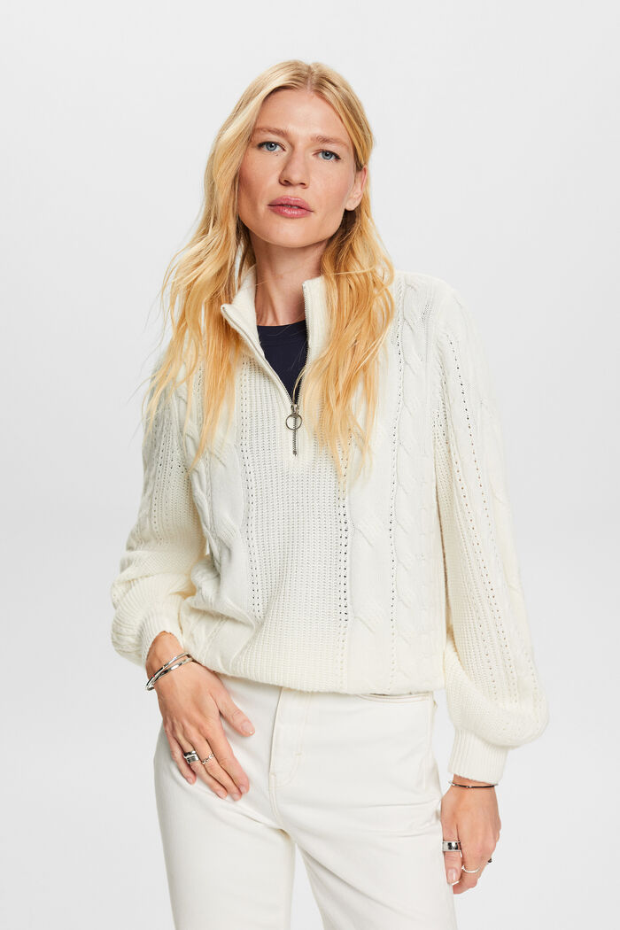 Sweter z suwakiem pod szyją, mieszanka z wełną, OFF WHITE, detail image number 0