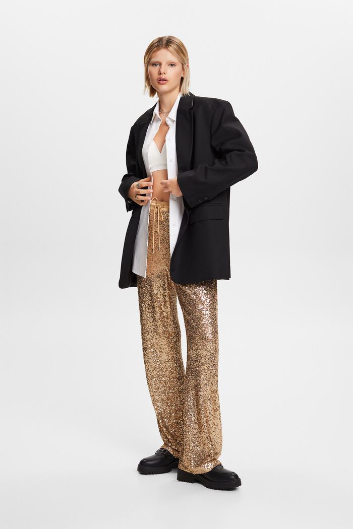 Satynowe spodnie z szerokimi nogawkami i cekinami, GOLD, detail image number 3