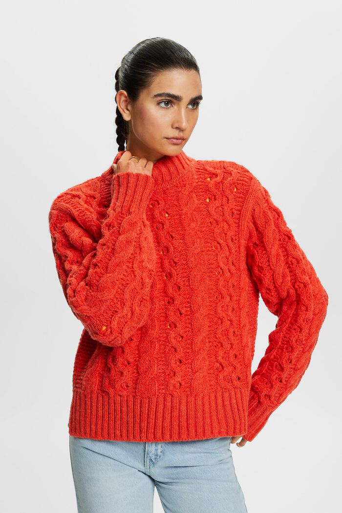 Sweter z mieszanki z wełną z warkoczowym wzorem, BRIGHT ORANGE, detail image number 1