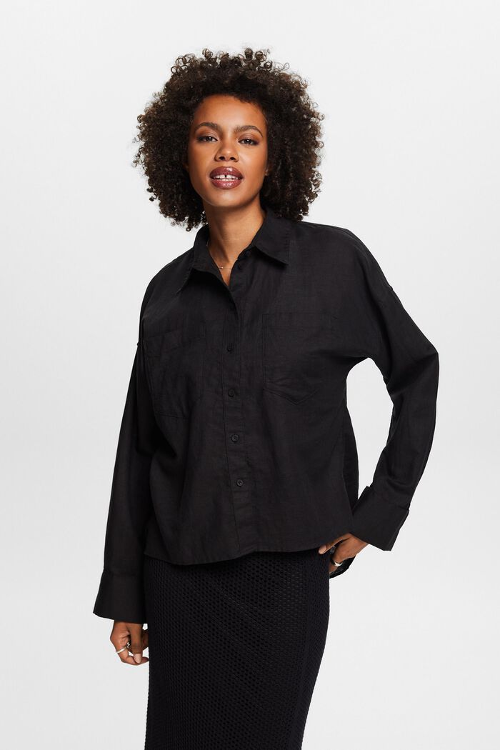 Bluzka koszulowa z lnu i bawełny, BLACK, detail image number 0