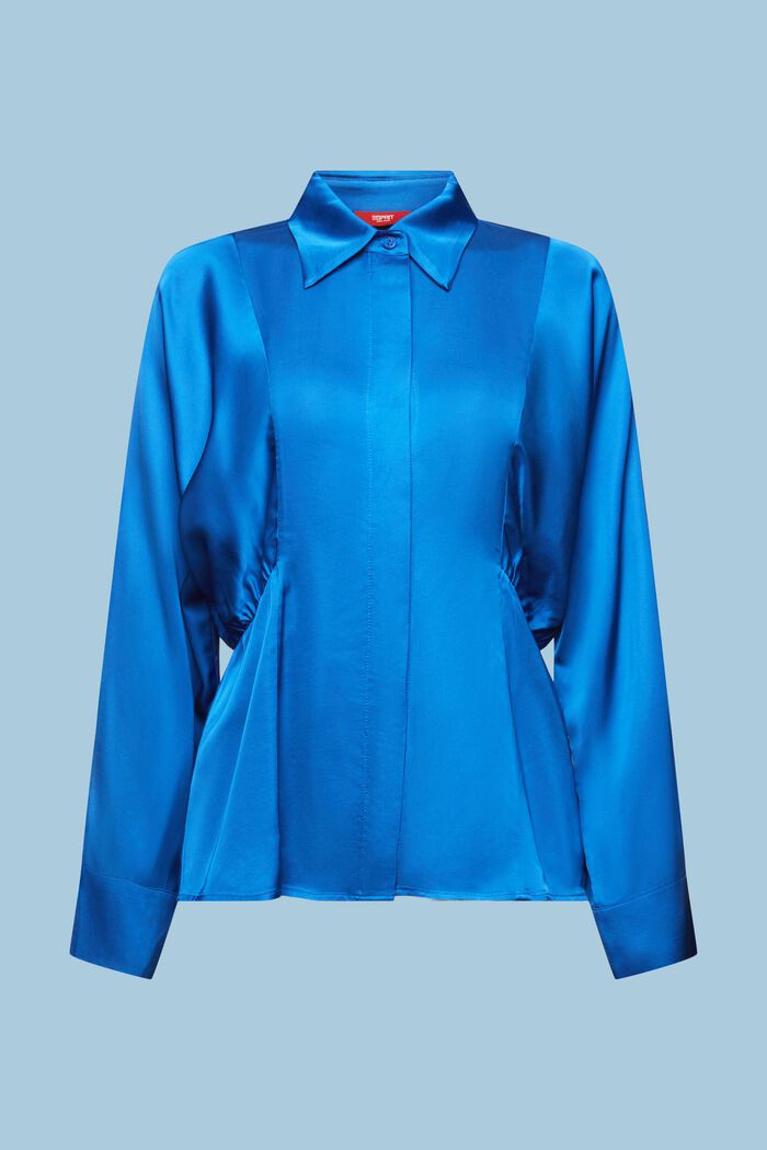 Satynowa bluzka z marszczoną baskinką, BRIGHT BLUE, detail image number 6