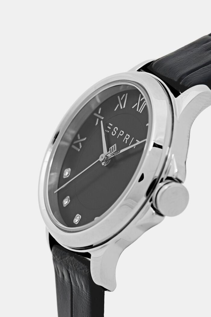 Zegarek ze stali szlachetnej ze skórzanym paskiem, BLACK, detail image number 1