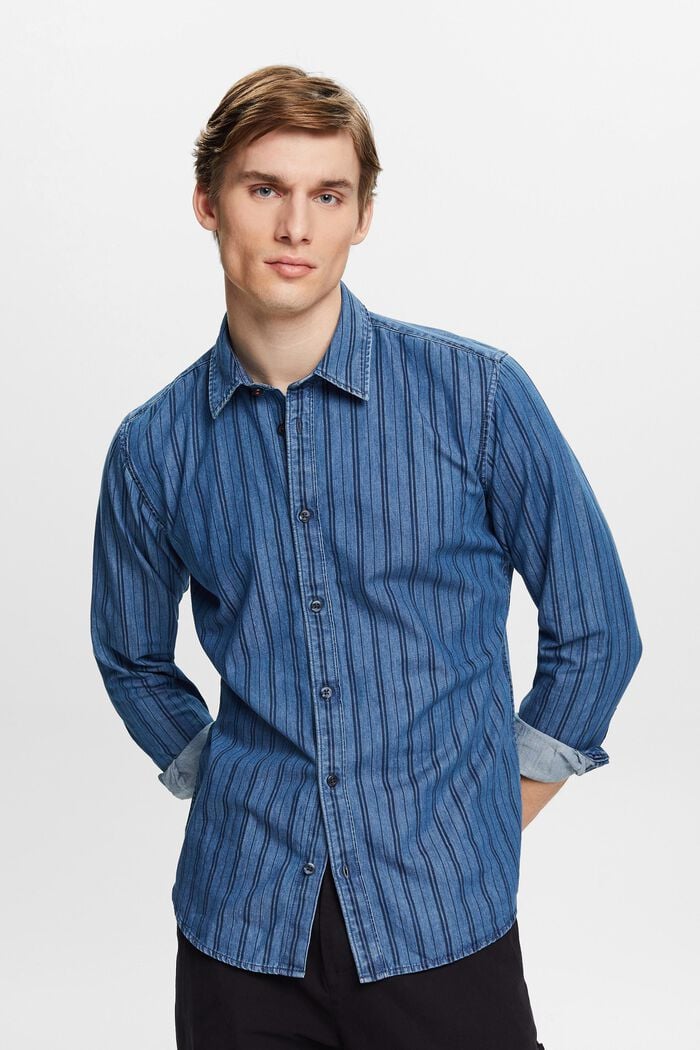 Dżinsowa koszula o fasonie slim fit z paskami, NAVY, detail image number 0