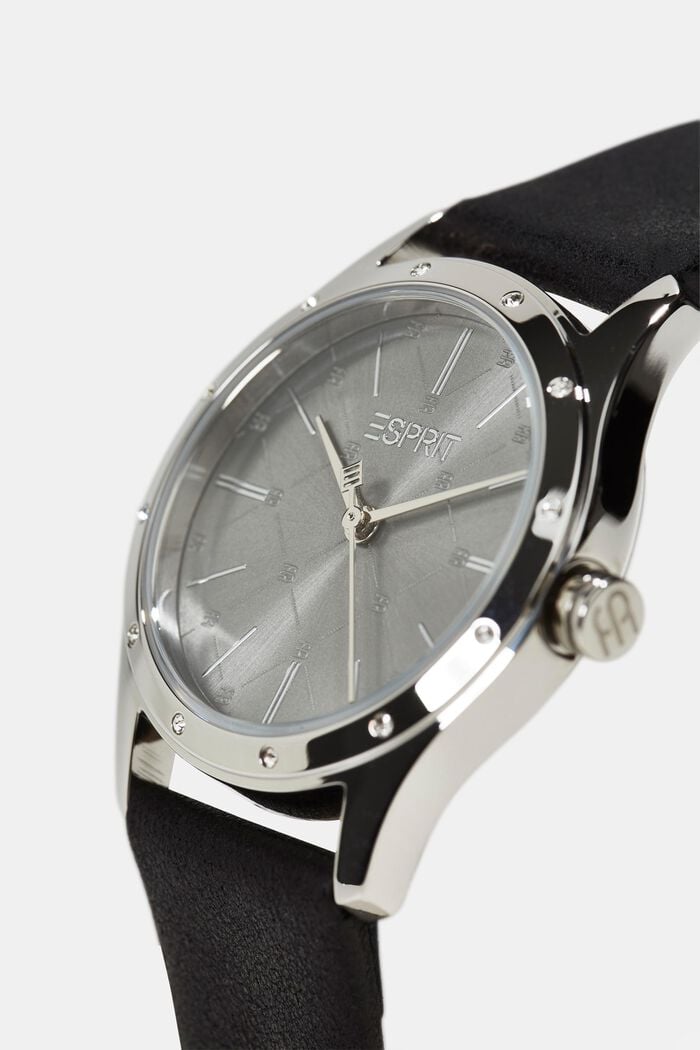 Zegarek ze stali szlachetnej wysadzany cyrkoniami ze skórzaną bransoletką, BLACK, detail image number 1
