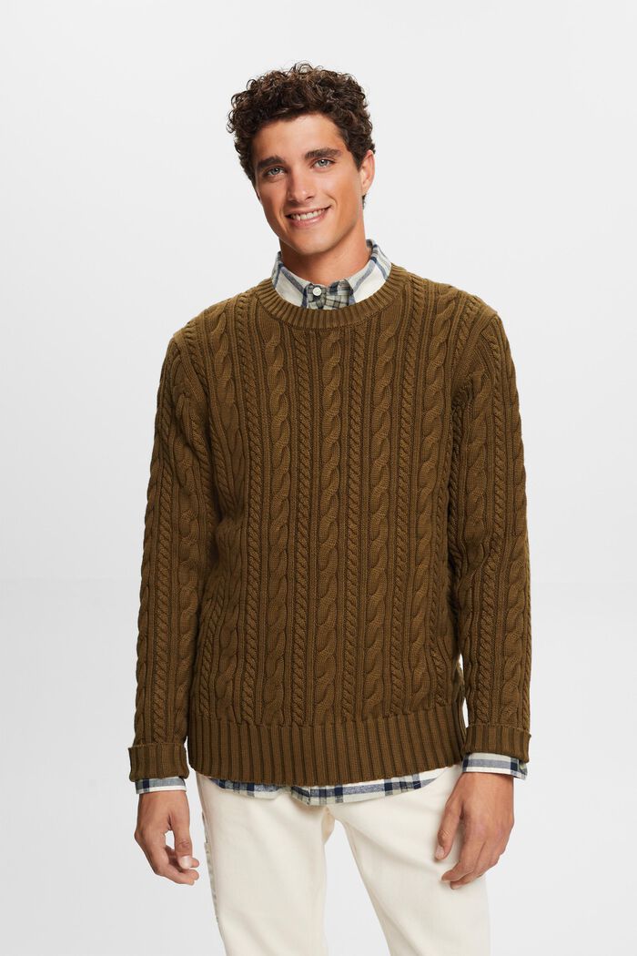 Sweter z bawełnianej dzianiny w warkocze, DARK KHAKI, detail image number 1
