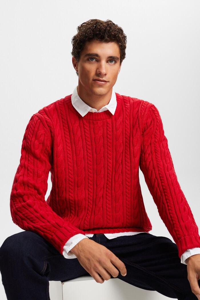 Sweter z bawełnianej dzianiny w warkocze, DARK RED, detail image number 2