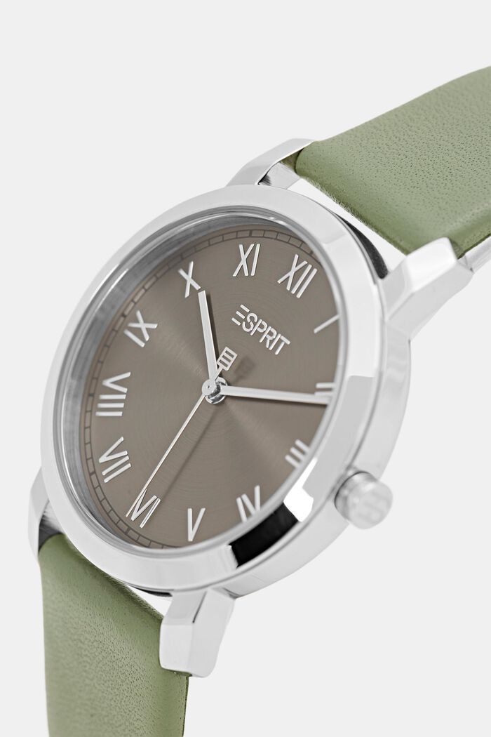 Zegarek ze stali szlachetnej ze skórzanym paskiem, GREEN, detail image number 1