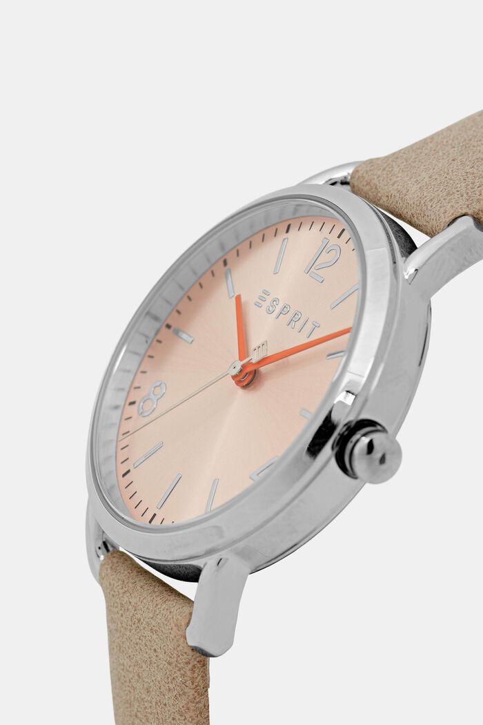 Zegarek ze stali szlachetnej ze skórzanym paskiem, BEIGE, detail image number 1
